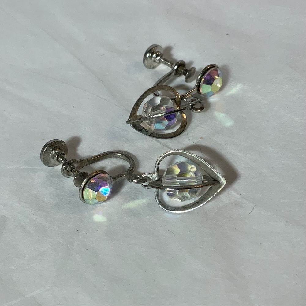 CAGED HEARTS EARRINGS VTG RHINESTONE & BEAD 70s handmade